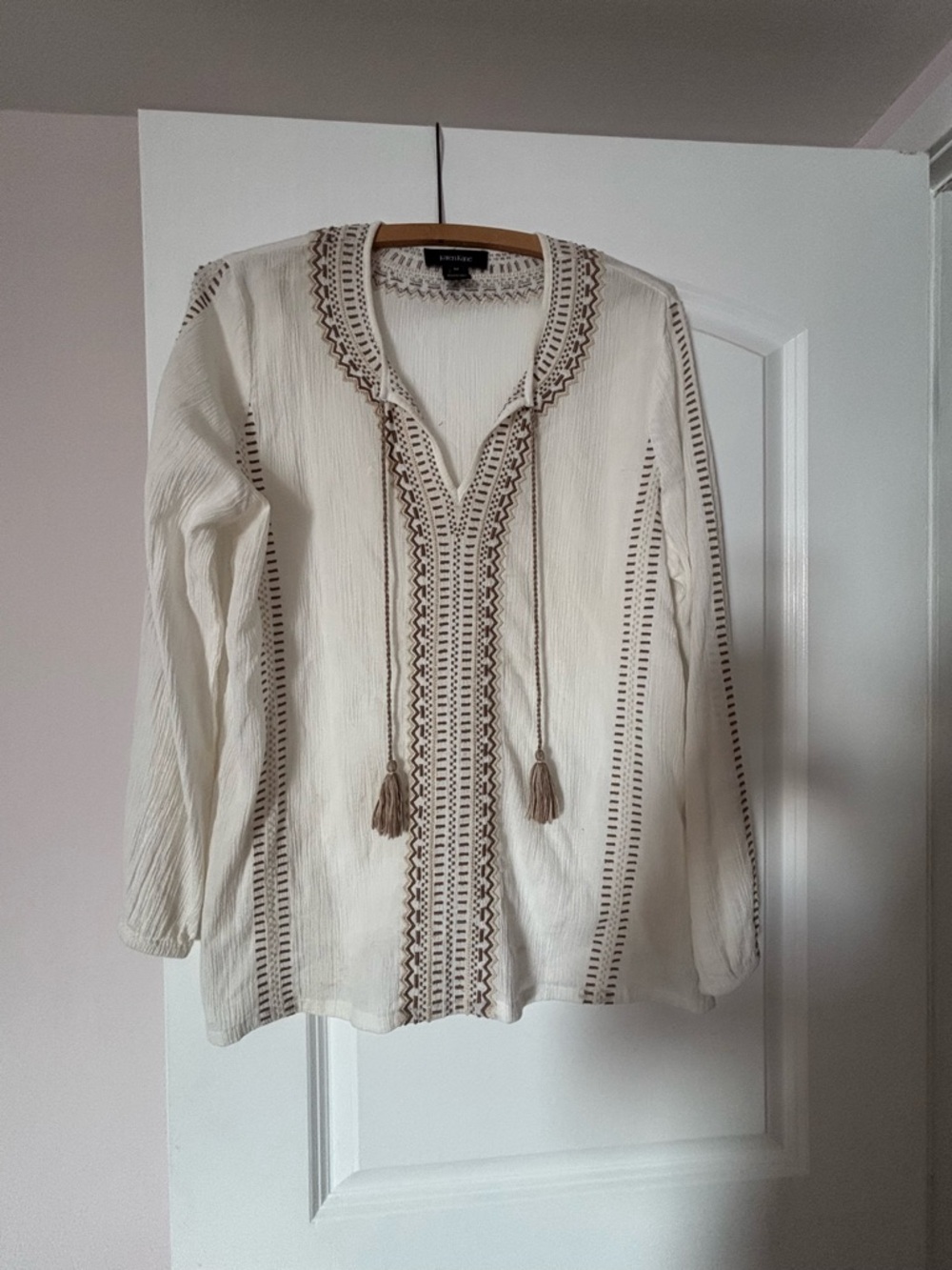 Karen Kane Cream Peasant Blouse with Tan Embroidery
